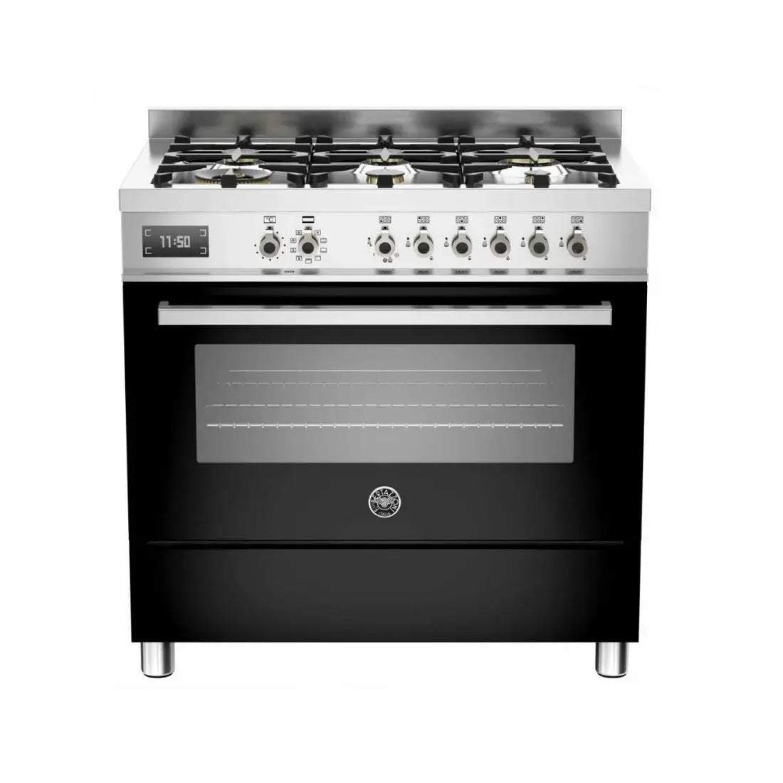 Fogão Bertazzoni Professional 6 bocas, forno elétrico preto, 90cm, com 6 queimadores a gás e painel digital.